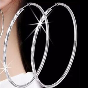 925 Sterling Silver Round diamond cut Classic Hoop earrings large 2.75”